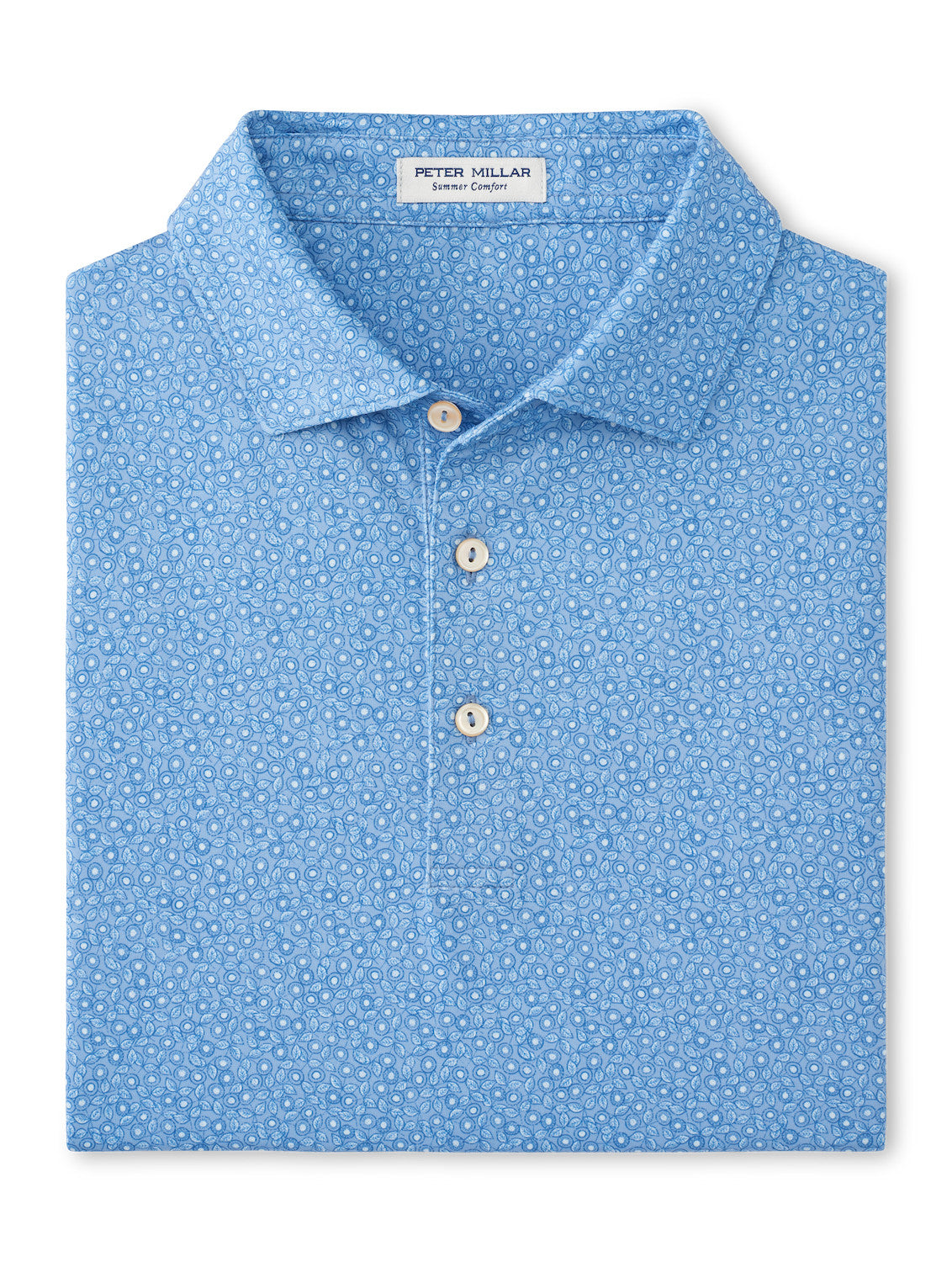 A Peter Millar Bristol Floral Performance Jersey Polo, folded in light blue with a small white floral pattern, three buttons, and UPF 50+ performance jersey fabric.