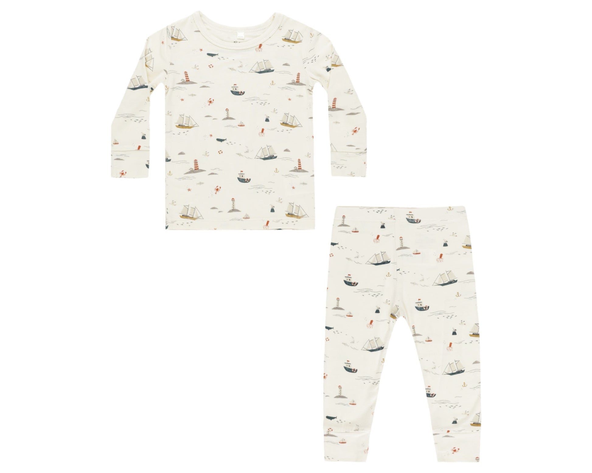 Rylee & Cru Baby Boys' & Boys' Long Sleeve Pajamas offer a cozy slim fit in soft bamboo fabric, with pants and a nautical boats and lighthouses print on an off-white background.