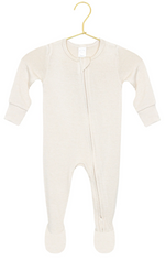Lou Lou & Company Baby Dakota Plush Knit Zipper Footie in beige, featuring long sleeves and cozy footed legs, displayed on a gold hanger against a white background.