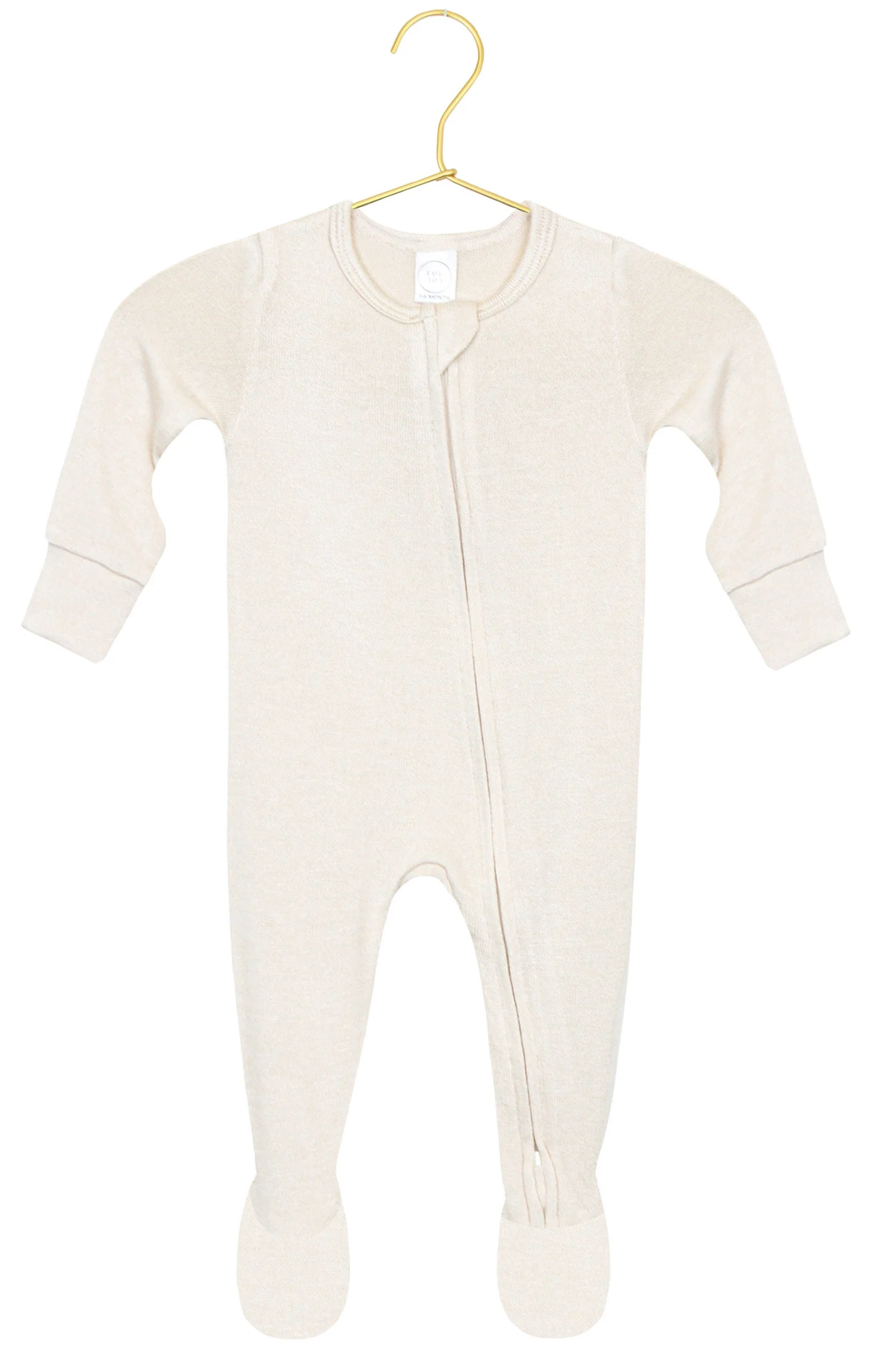 Lou Lou & Company Baby Dakota Plush Knit Zipper Footie in beige, featuring long sleeves and cozy footed legs, displayed on a gold hanger against a white background.