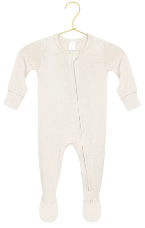 Lou Lou & Company Baby Dakota Plush Knit Zipper Footie in beige, featuring long sleeves and cozy footed legs, displayed on a gold hanger against a white background.