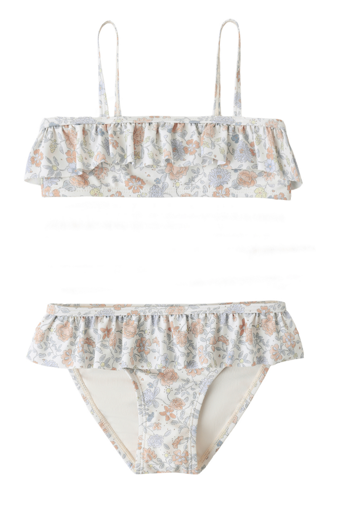 The Rylee & Cru Girls' Parker Bikini features delicate floral print on a light background, thin straps, and is made from UPF 50+ swimwear fabric for extra sun protection.