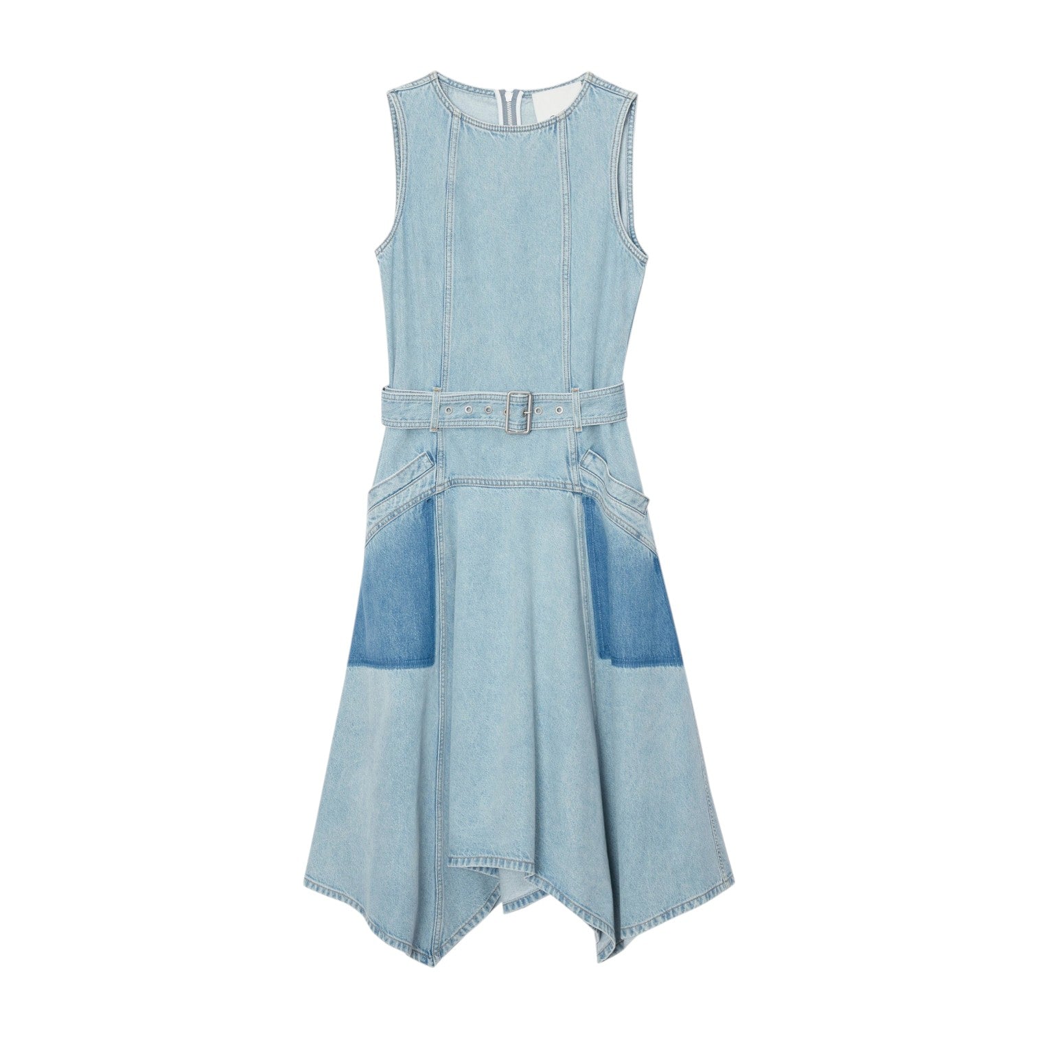 The Ghost Patch Midi Denim Dress by 3.1 Phillip Lim features a sleeveless, light blue design with a fitted top, adjustable belt, flared skirt, handkerchief hem, and two large front pockets.