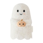 The Baby Ghost – Pumpkin by Cuddle + Kind is a plush white ghost with a smiling face, lovingly handcrafted from premium Peruvian cotton yarn and holding a small knitted pumpkin.