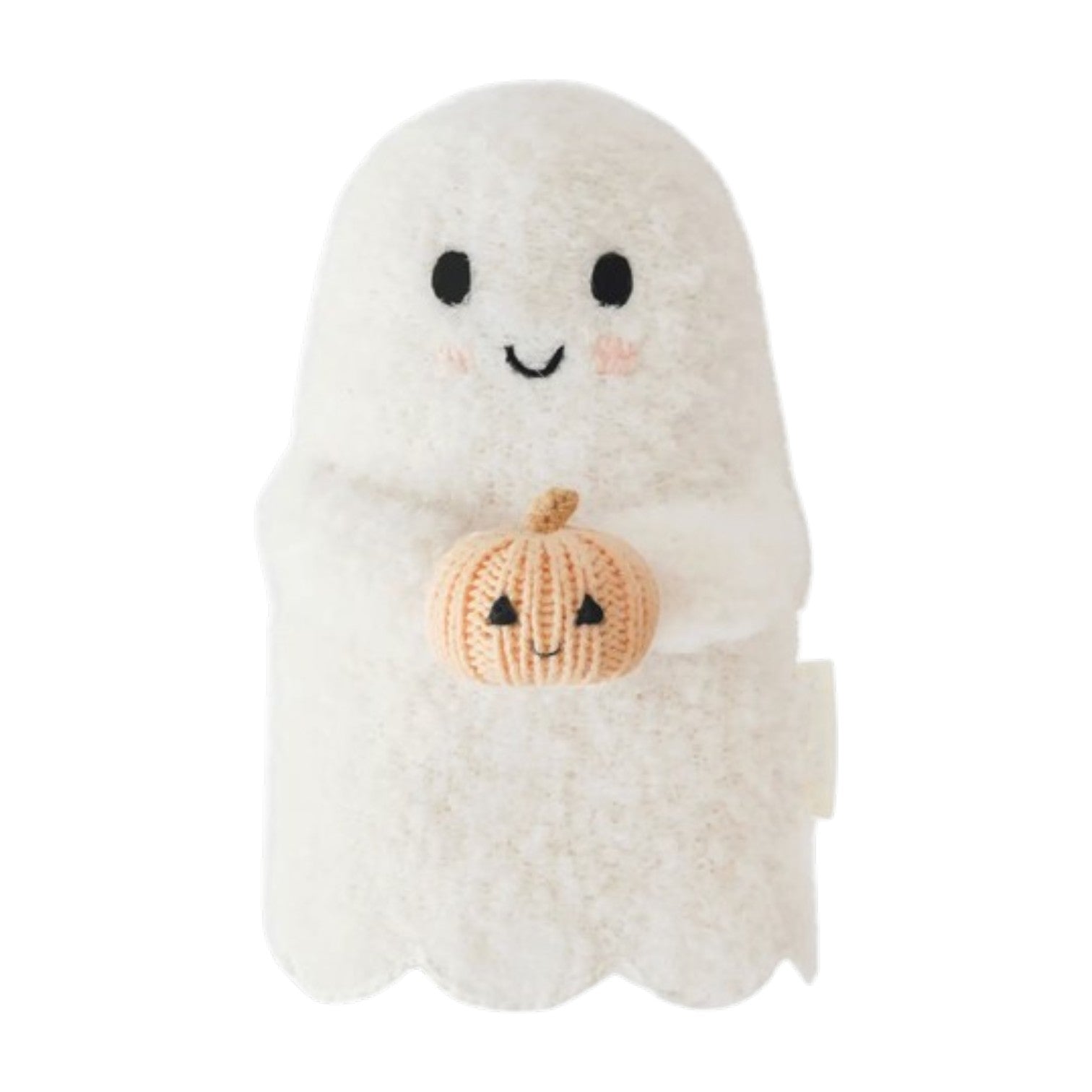 The Baby Ghost – Pumpkin by Cuddle + Kind is a plush white ghost with a smiling face, lovingly handcrafted from premium Peruvian cotton yarn and holding a small knitted pumpkin.