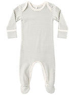 The Quincy Mae Baby Footie features gray and white horizontal stripes, long sleeves with fold-over hand mitts, footed legs with non-slip grips, and convenient snap closures along the legs. It is displayed on a white background.
