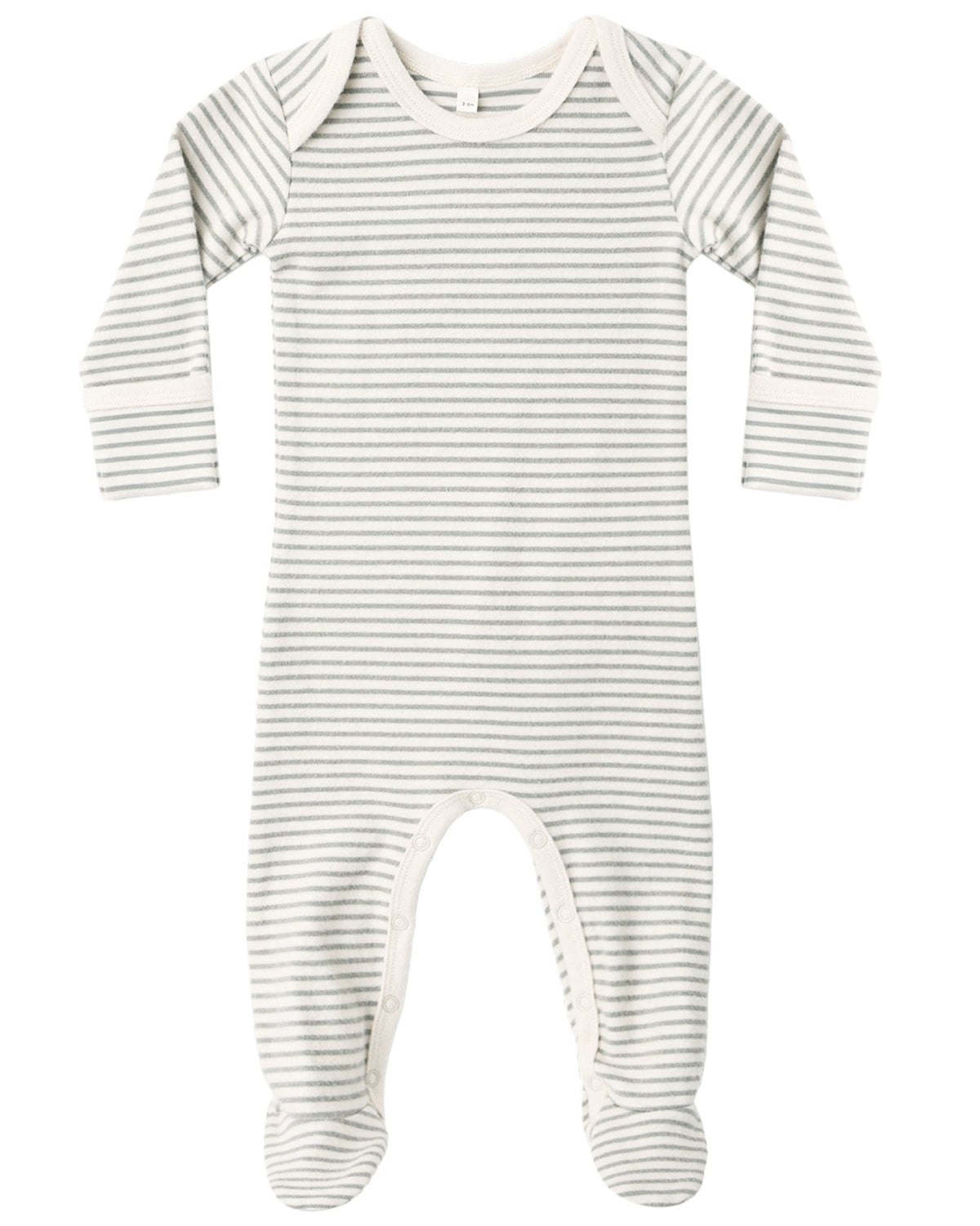 The Quincy Mae Baby Footie features gray and white horizontal stripes, long sleeves with fold-over hand mitts, footed legs with non-slip grips, and convenient snap closures along the legs. It is displayed on a white background.