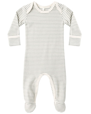 The Quincy Mae Baby Footie features gray and white horizontal stripes, long sleeves with fold-over hand mitts, footed legs with non-slip grips, and convenient snap closures along the legs. It is displayed on a white background.