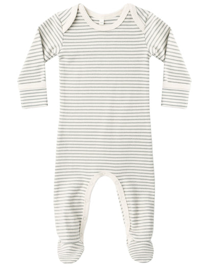 The Quincy Mae Baby Footie features gray and white horizontal stripes, long sleeves with fold-over hand mitts, footed legs with non-slip grips, and convenient snap closures along the legs. It is displayed on a white background.