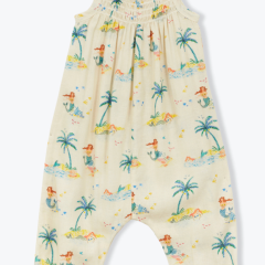 The Baby Girls' Fiodorka Jumpsuit by Arsene & Les Pipelettes features a tropical beach print with palm trees and ocean waves on cream, plus two pockets for added charm and convenience—perfect for your little one.