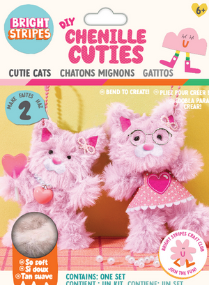 Two pink chenille cat crafts with accessories are displayed on a table against a pink background; the packaging reads "DIY Chenille Cuties - Cats" by Bright Stripes and indicates it's suitable for ages 6 and up. This charming DIY keychain kit lets kids create their own cute pipe cleaner kitty creations to use as bag charms or whimsical desk decor.