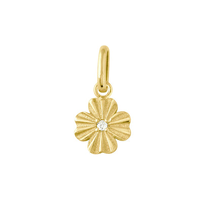 The Clover Lumiere Diamond Pendant by Gigi Clozeau features an 18k yellow gold flower-shaped design with a textured finish, a central diamond, and a gold loop bail.