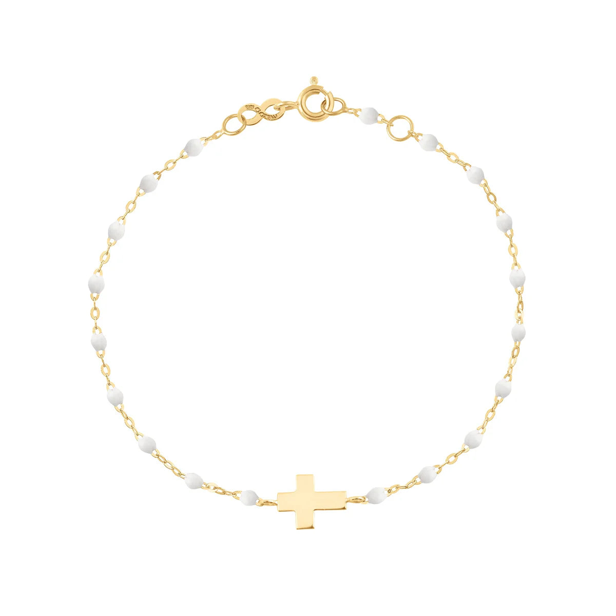 The Little Gigi Classic Cross Charm Bracelet 5.1" by Gigi Clozeau is crafted in 18k gold with small resin pearls along the chain and a flat cross charm at the center, finished with a spring ring clasp.