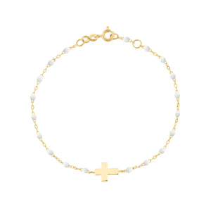The Little Gigi Classic Cross Charm Bracelet 5.1" by Gigi Clozeau is crafted in 18k gold with small resin pearls along the chain and a flat cross charm at the center, finished with a spring ring clasp.