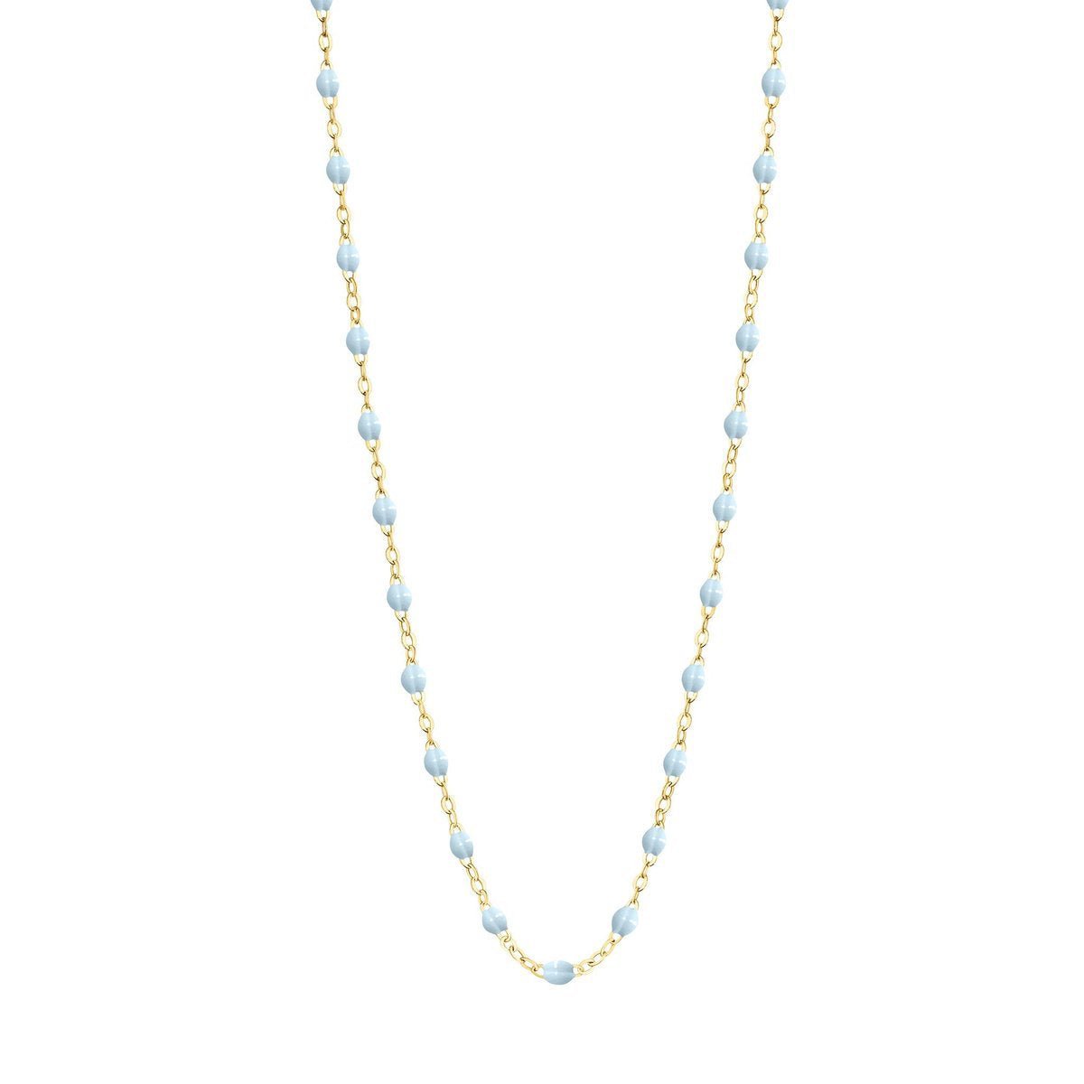 Elegant baby blue beaded Gigi Clozeau Classic Gigi necklace with gold links on a white background, crafted in classic Gigi style from 18 carat Yellow Gold.