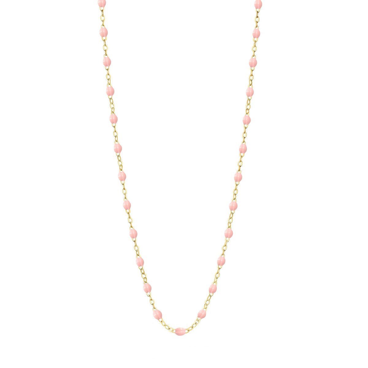 A pink beaded necklace with a hint of 18 carat yellow gold, adding a touch of luxury to its everyday appearance. Named the Gigi Clozeau Classic Gigi Necklace, 16.5" by Gigi Clozeau.