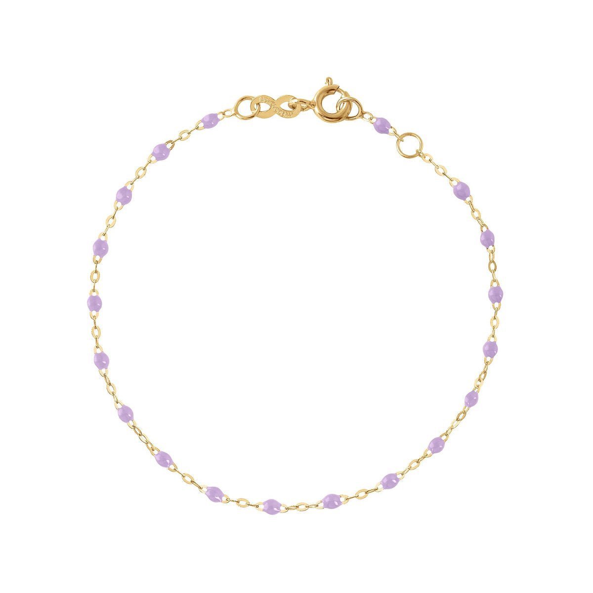 A Gigi Clozeau Classic Gigi Bracelet crafted from 18 carat Yellow Gold with lilac-colored beads linked together, displayed against a white background with the word "lilac" at the bottom.