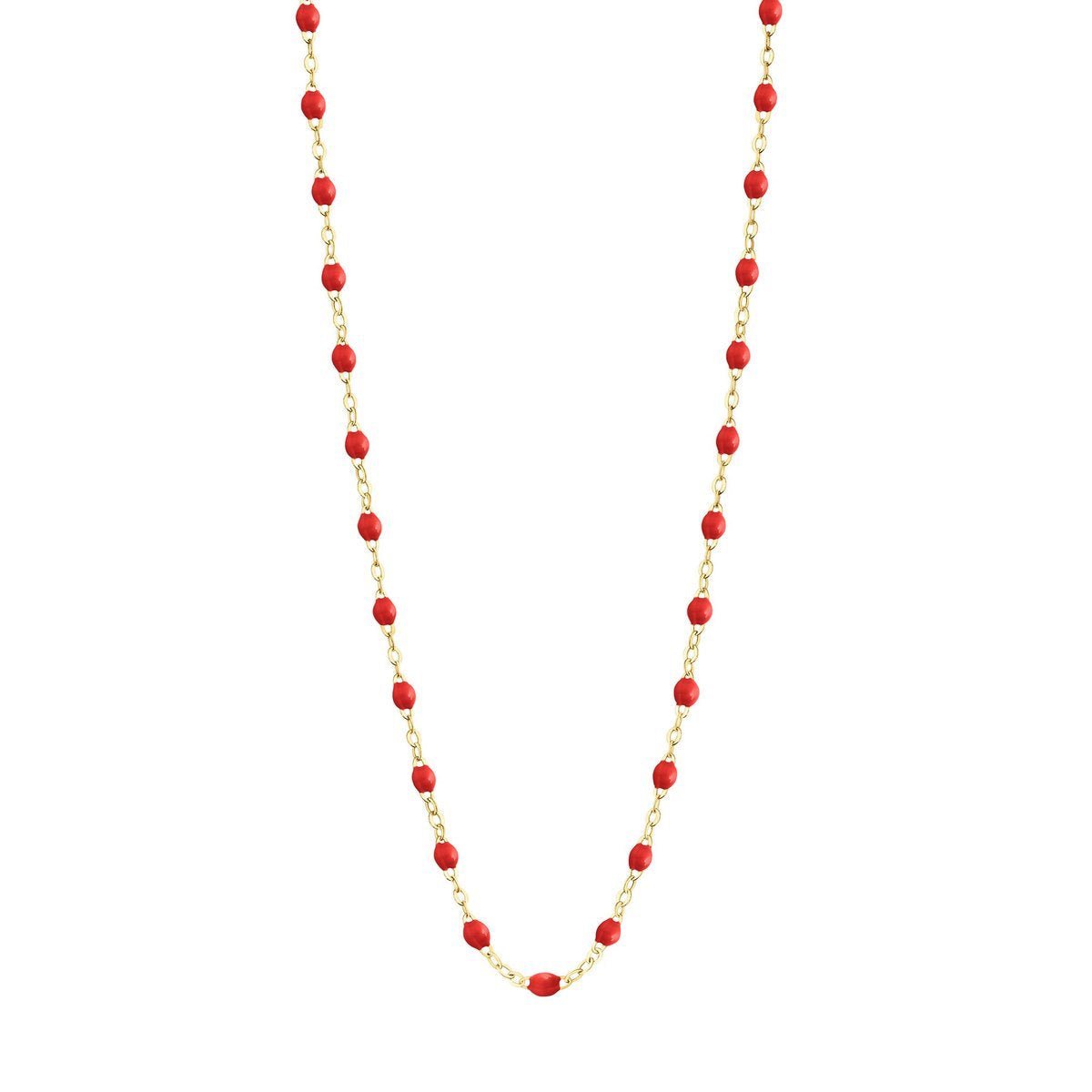 A poppy red beaded Gigi Clozeau Classic Gigi Necklace with 18 carat yellow gold accents on a white background.