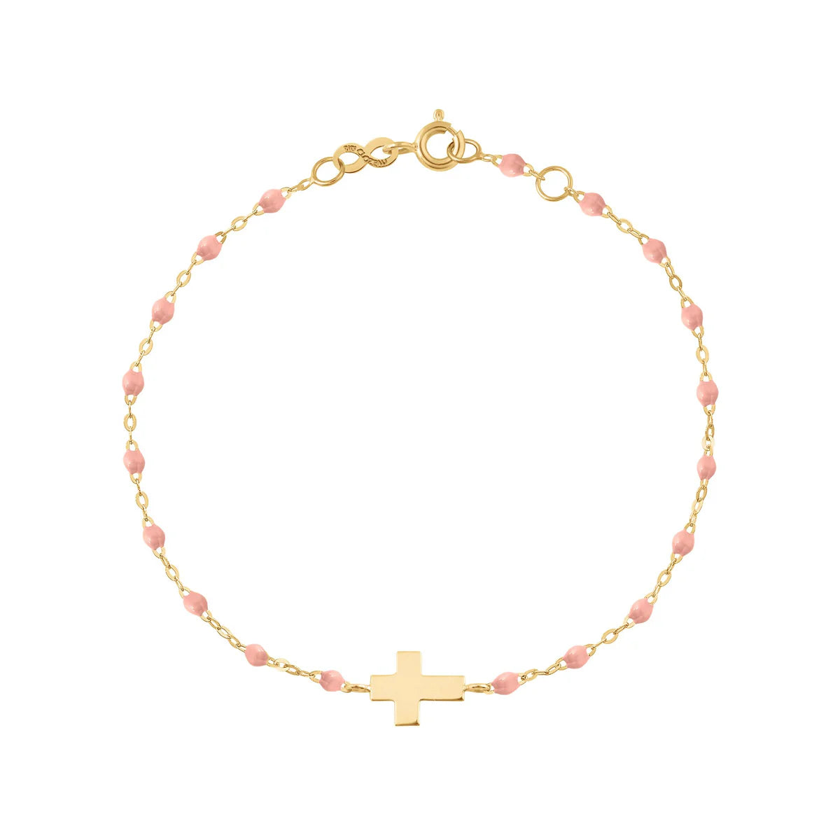 The Gigi Clozeau Classic Cross Charm Bracelet 6.7" is crafted in 18k gold, featuring small pink beads and a central cross charm on a white background.