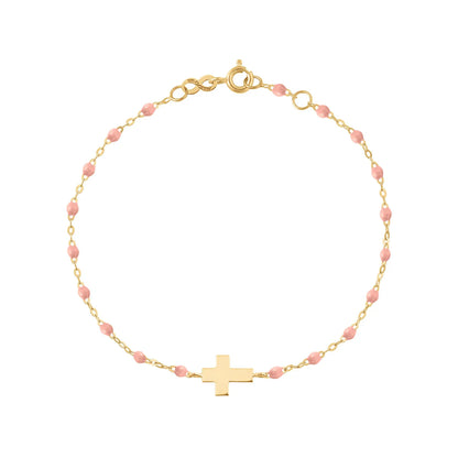 The Gigi Clozeau Classic Cross Charm Bracelet 6.7" is crafted in 18k gold, featuring small pink beads and a central cross charm on a white background.