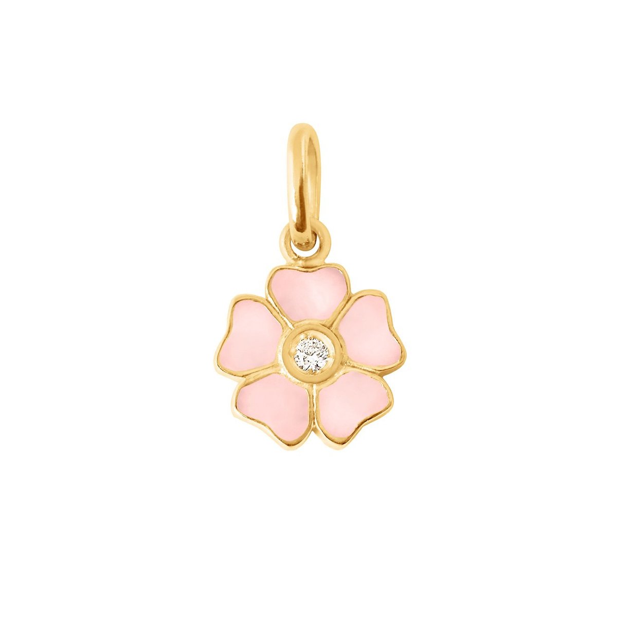 The Gigi Clozeau Flower Pendant Diamond by Gigi Clozeau features a gold flower with pink petals crafted in 18-carat yellow gold and a central diamond on a delicate loop.