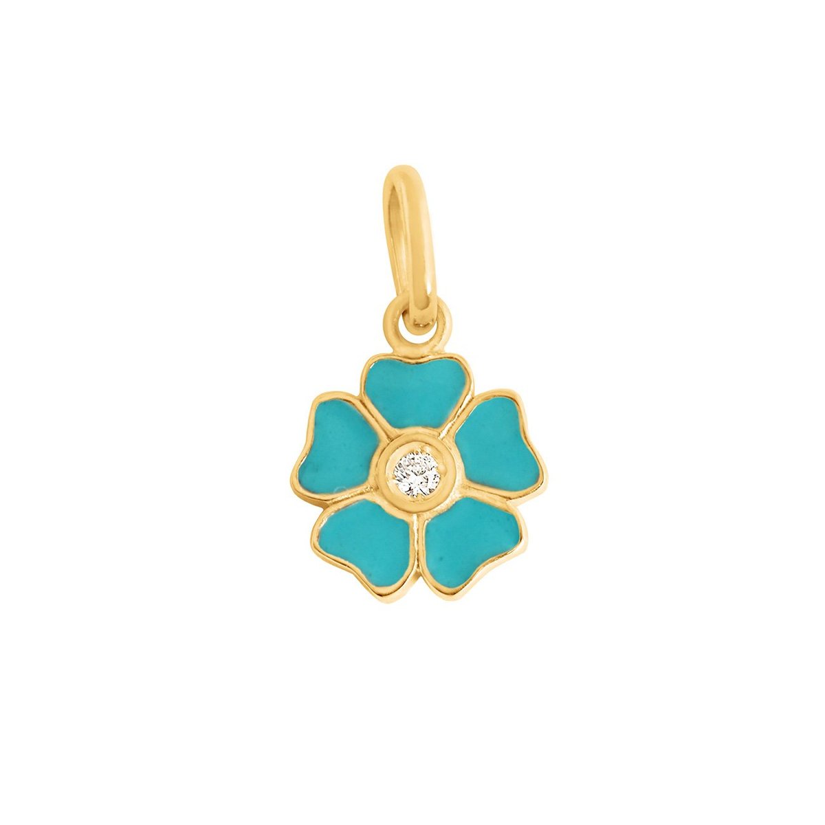 The Gigi Clozeau Flower Pendant Diamond by Gigi Clozeau, crafted from 18 carat yellow gold, showcases a flower-shaped design with turquoise petals and a central diamond gemstone.