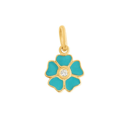 The Gigi Clozeau Flower Pendant Diamond showcases an exquisite 18-carat yellow gold design, featuring blue petals encircling a small central gem.