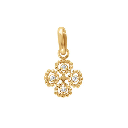 The Gigi Clozeau Diamond Lucky Clover Pendant features 18k gold in a floral design, with four round diamonds on each petal and one in the center, plus a small loop for attaching to your chain.