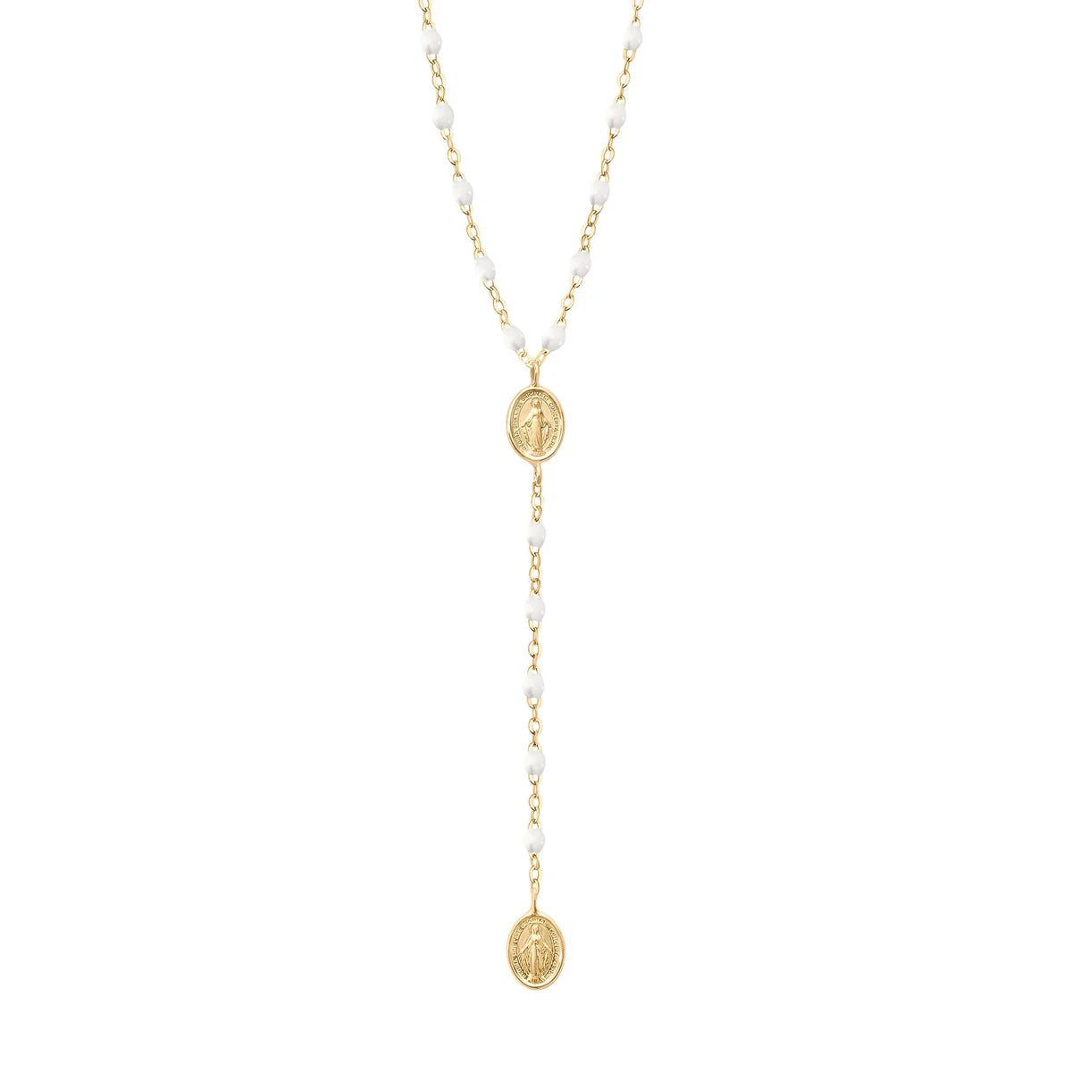 The Madone Charm Classic Gigi Rosary 16.5" by Gigi Clozeau features two oval medallions and small white beads on an 18k gold chain.