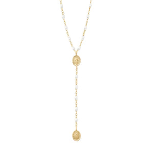 The Madone Charm Classic Gigi Rosary 16.5" by Gigi Clozeau features two oval medallions and small white beads on an 18k gold chain.