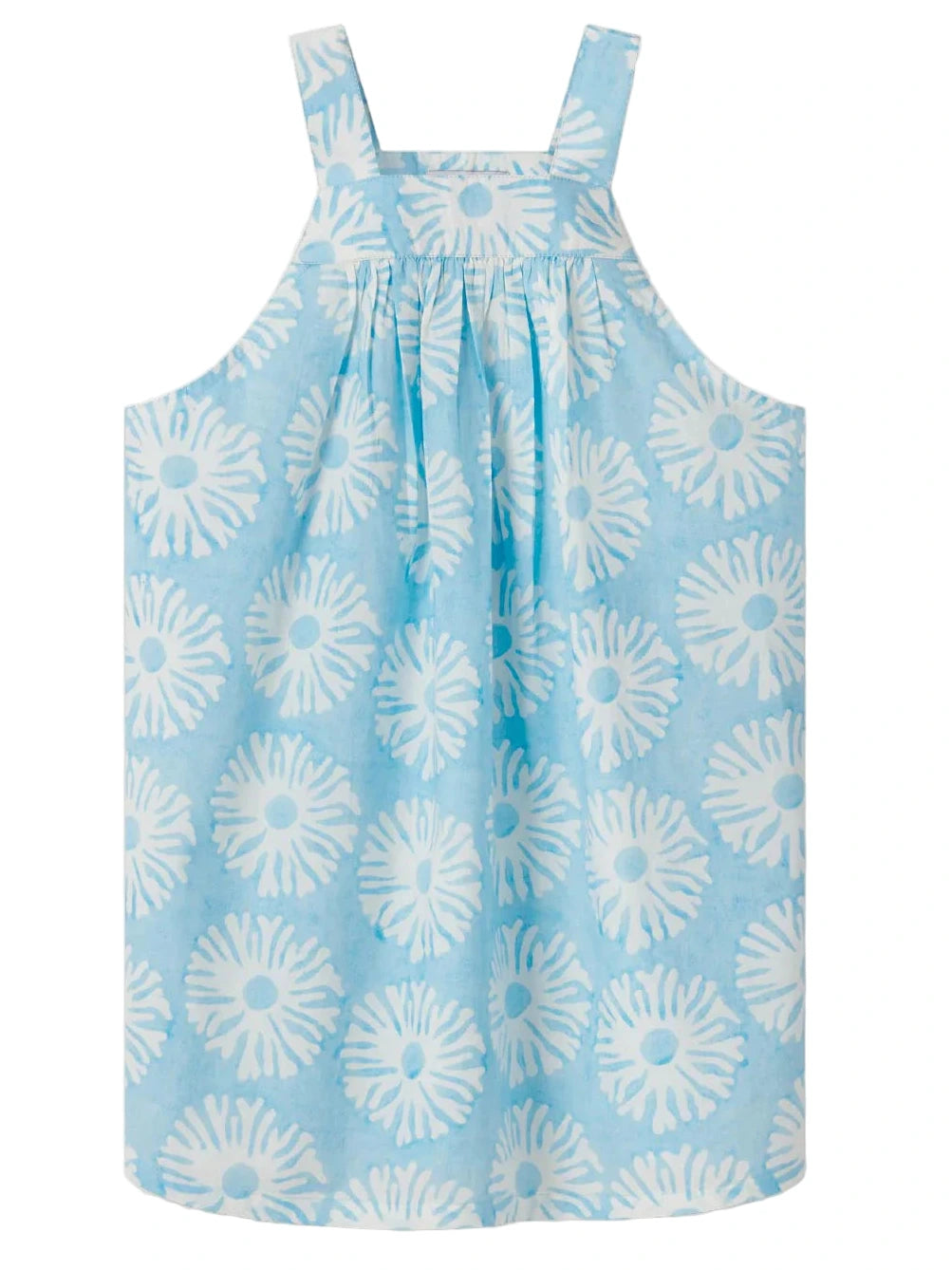 The Girls' Plum Dress by Love Brand is a sleeveless blue beach party dress with a white floral pattern, gathered neckline, and wide shoulder straps, crafted from soft organic cotton.