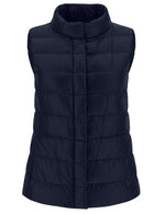 The Herno Giulia Vest by Herno is a dark blue, quilted puffer vest crafted from ultralight nylon, featuring a high collar and displayed against a plain white background.