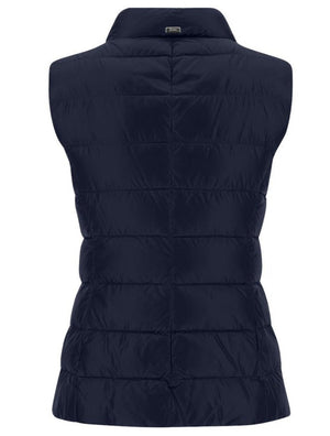 Herno Giulia Vest by Herno, featuring a high collar and quilted design in navy blue, crafted from ultralight nylon, displayed from the back.