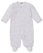 The Kissy Kissy Baby Cheerful Good Night Printed Footie is a white, long-sleeve sleeper for babies, made from soft pima cotton and features an all-over pink cloud and moon print.