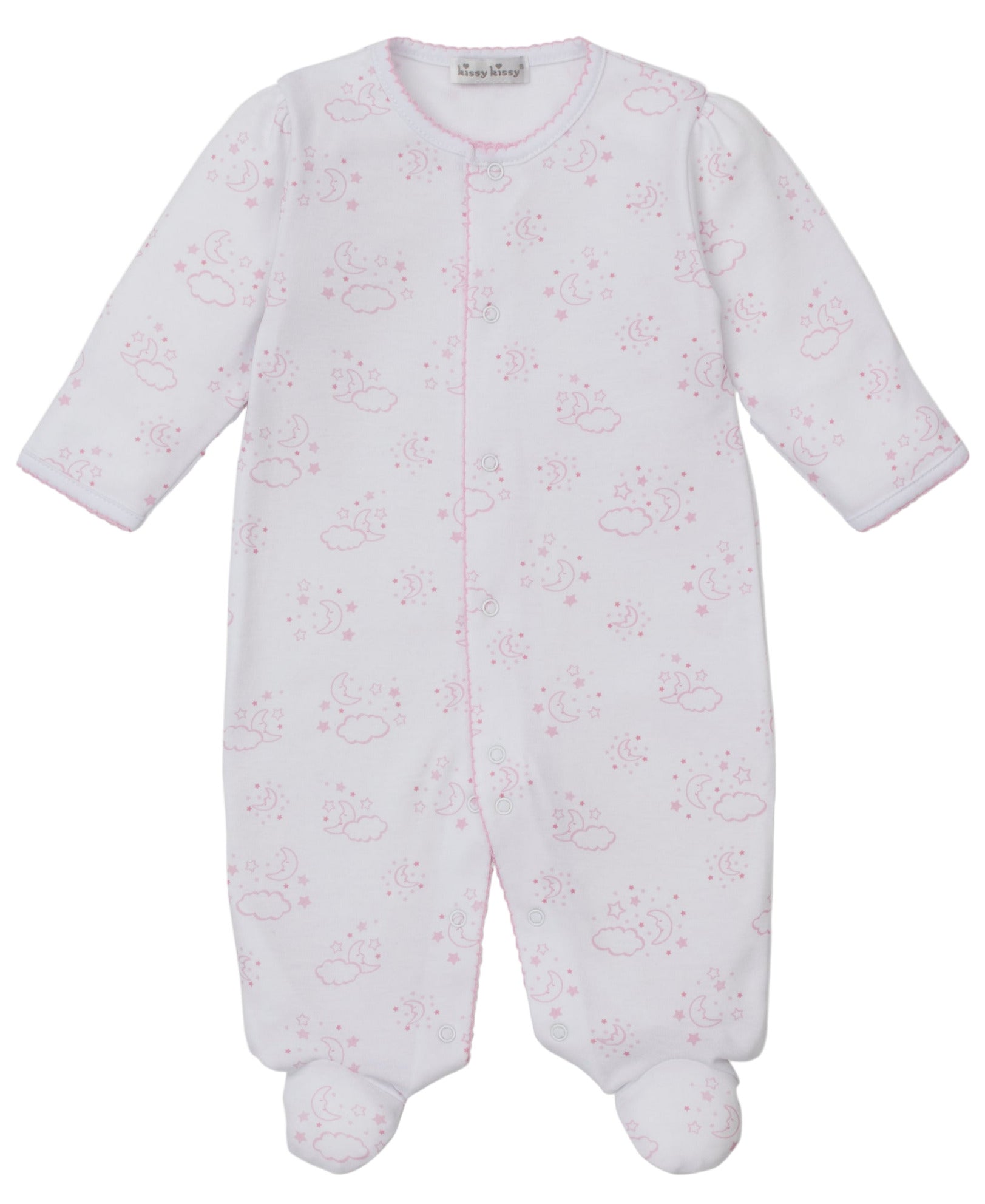 The Kissy Kissy Baby Cheerful Good Night Printed Footie is a white, long-sleeve sleeper for babies, made from soft pima cotton and features an all-over pink cloud and moon print.
