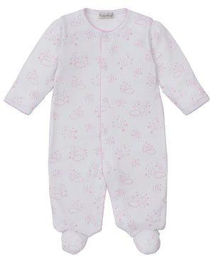 The Kissy Kissy Baby Cheerful Good Night Printed Footie is a white, long-sleeve sleeper for babies, made from soft pima cotton and features an all-over pink cloud and moon print.