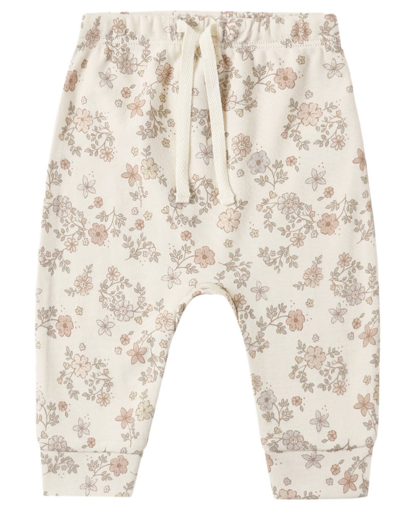 Quincy Mae’s Baby and Kids’ Drawstring Pant in cream is crafted from soft organic brushed jersey, featuring an elastic waistband and adorned with a delicate pattern of small, muted pastel flowers and leaves.