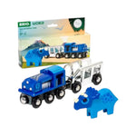 A blue dinosaur-themed train set from Brio, featuring a locomotive, clear carriage, and blue dinosaur figure, shown in front of its "Special Edition Train (2025)" packaging.