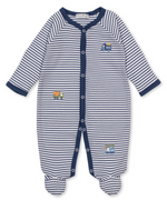 Kissy Kissy Baby Boys’ Construction Demo Striped Footie—a blue and white striped sleeper featuring long sleeves, front snaps, navy trim, and charming embroidered construction vehicles on the chest and legs. Made from soft Pima cotton, this adorable footie is perfect for every baby wardrobe.