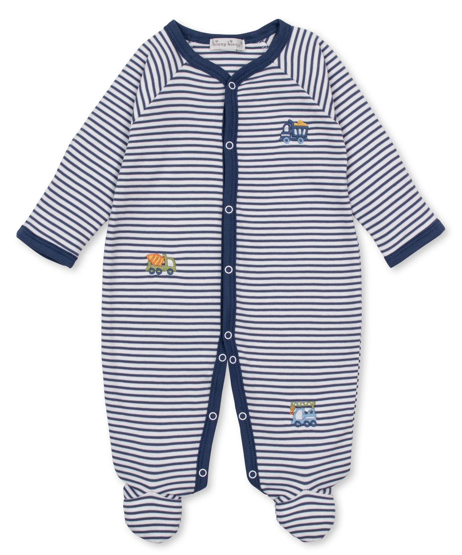 Kissy Kissy Baby Boys’ Construction Demo Striped Footie—a blue and white striped sleeper featuring long sleeves, front snaps, navy trim, and charming embroidered construction vehicles on the chest and legs. Made from soft Pima cotton, this adorable footie is perfect for every baby wardrobe.