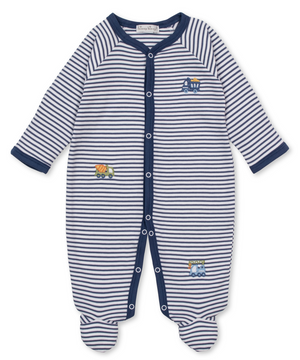 Kissy Kissy Baby Boys’ Construction Demo Striped Footie—a blue and white striped sleeper featuring long sleeves, front snaps, navy trim, and charming embroidered construction vehicles on the chest and legs. Made from soft Pima cotton, this adorable footie is perfect for every baby wardrobe.