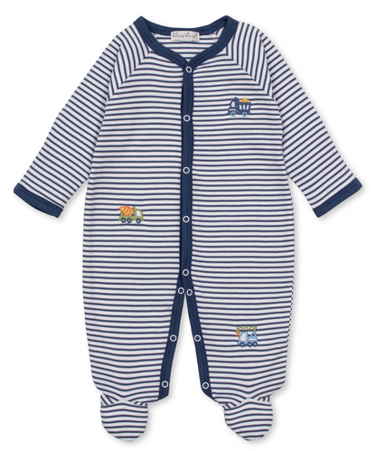 Kissy Kissy Baby Boys’ Construction Demo Striped Footie—a blue and white striped sleeper featuring long sleeves, front snaps, navy trim, and charming embroidered construction vehicles on the chest and legs. Made from soft Pima cotton, this adorable footie is perfect for every baby wardrobe.