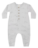 The Quincy Mae Baby Boys’ Long Sleeve Jumpsuit features a light gray color, front coconut buttons, inseam snaps for easy changing, and a subtle animal pattern printed throughout.