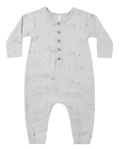 The Quincy Mae Baby Boys’ Long Sleeve Jumpsuit features a light gray color, front coconut buttons, inseam snaps for easy changing, and a subtle animal pattern printed throughout.