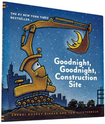 Cover of the New York Times bestseller "Goodnight, Goodnight, Construction Site" by Chronicle Books, featuring an illustration of a construction vehicle with a crescent moon in its scoop, set against a night sky and city background—perfect for truck lovers.