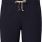 The Onia Land to Water Short 6" in dark navy features an elastic waistband, beige drawstring, and four-way stretch fabric, displayed against a plain white background.