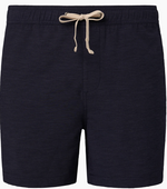 The Onia Land to Water Short 6" in dark navy features an elastic waistband, beige drawstring, and four-way stretch fabric, displayed against a plain white background.