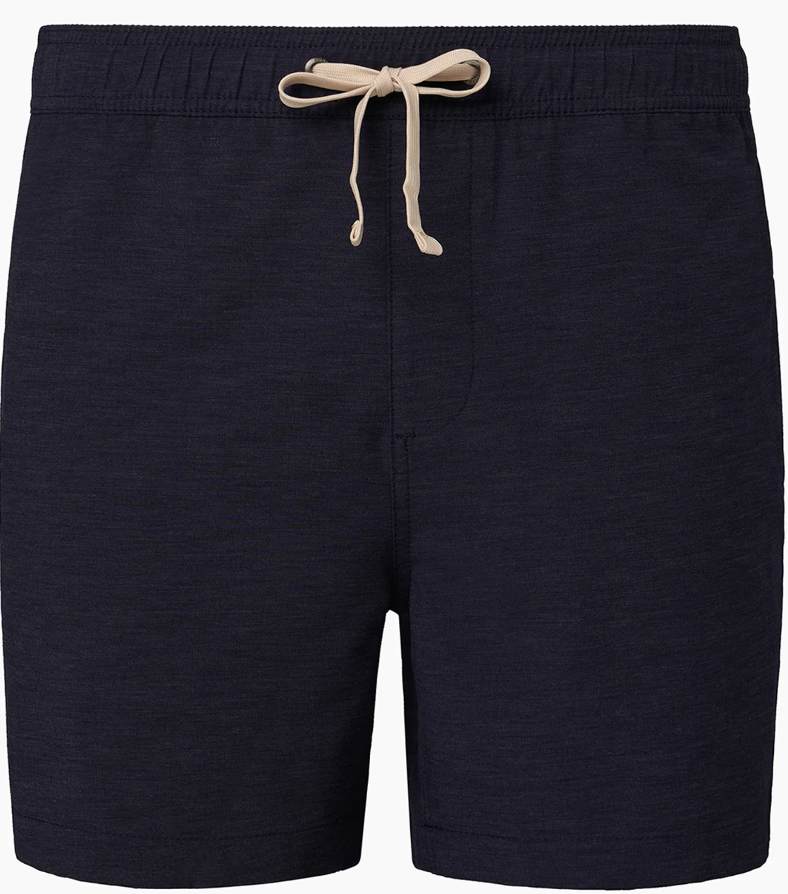 The Onia Land to Water Short 6" in dark navy features an elastic waistband, beige drawstring, and four-way stretch fabric, displayed against a plain white background.