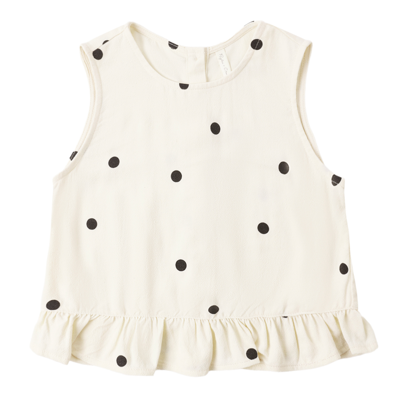 The Girls' Oceanside Top by Rylee & Cru is a sleeveless white cotton top for toddlers, featuring black polka dots and a charming ruffle detail at the hem, displayed on a plain white background.