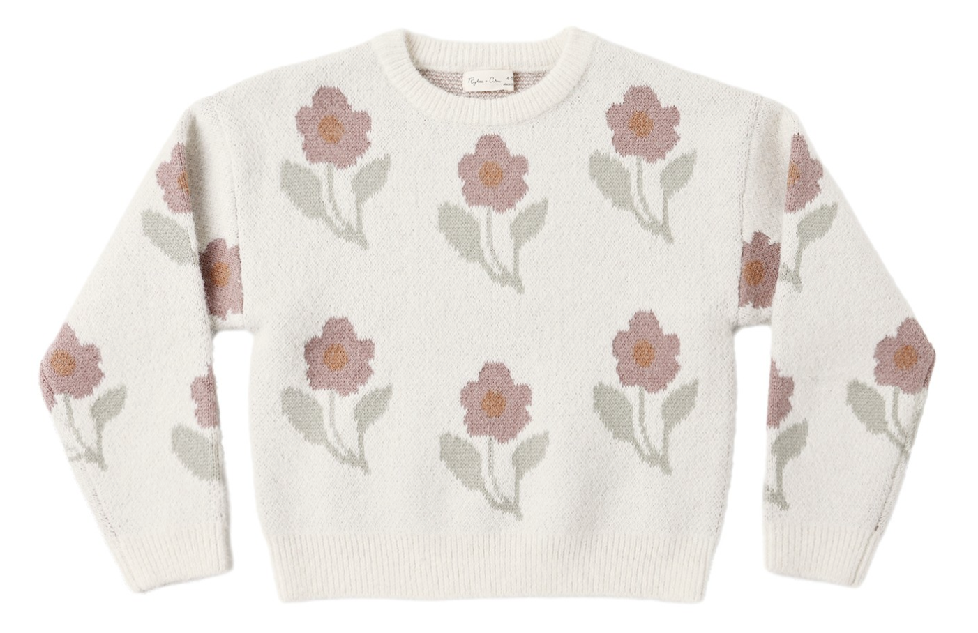Wrap your little one in the Baby Girls’ and Girls’ Aspen Sweater from Rylee & Cru—a cream-colored knit featuring a delightful pattern of pink and beige flowers with green leaves, displayed flat on a white background.